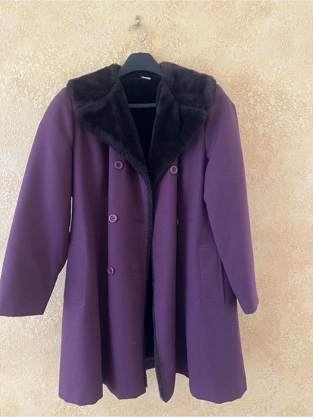 Dark Brown/Purple Double-Breasted Coat with Faux Fur Collar